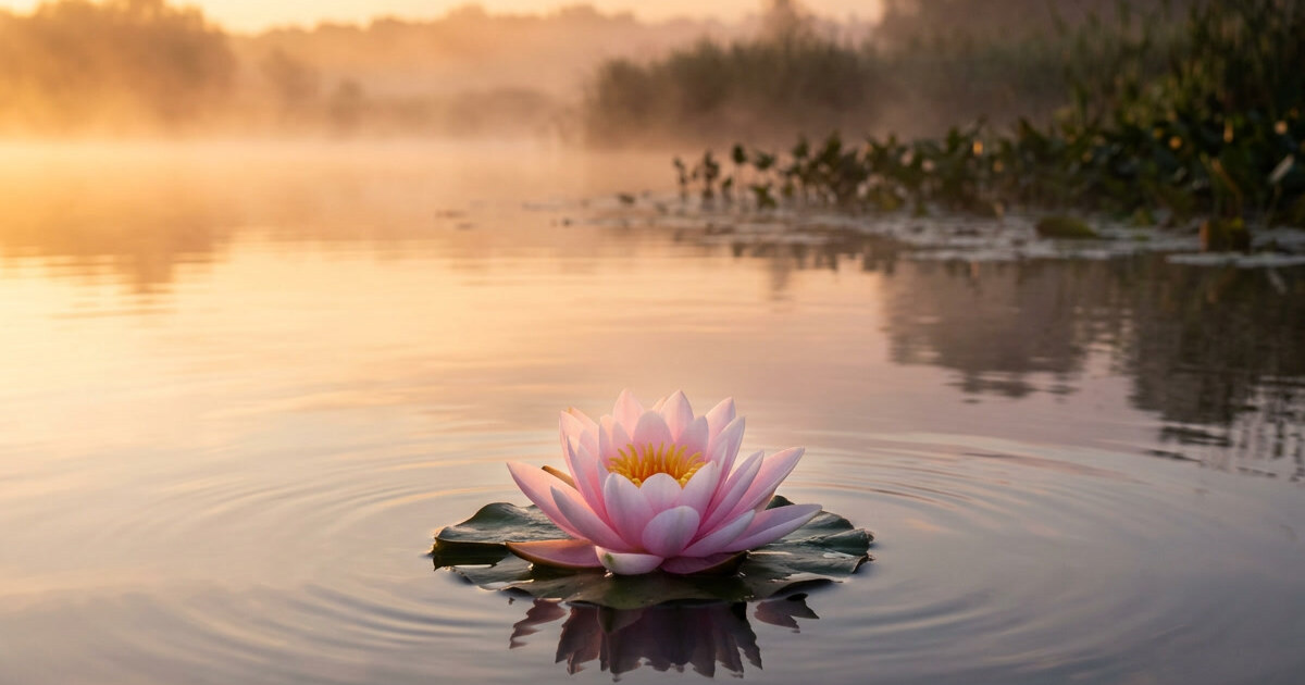 A single pink water lily fully open on a lily pad, floating on still water at sunrise with mist drifting across the surface and reeds along the far bank.