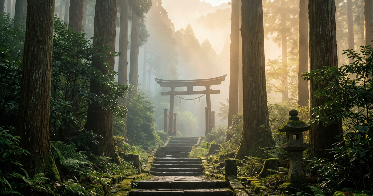 A weathered stone torii gate at the top of a mossy stone stairway in a misty cedar forest, with a stone lantern beside the path and sunlight filtering through the trees.