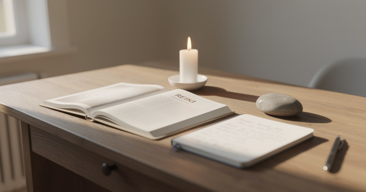 An open book and a notebook of handwritten notes on a plain wooden desk beside a window, with a lit candle, a smooth gray stone and a pen resting nearby.