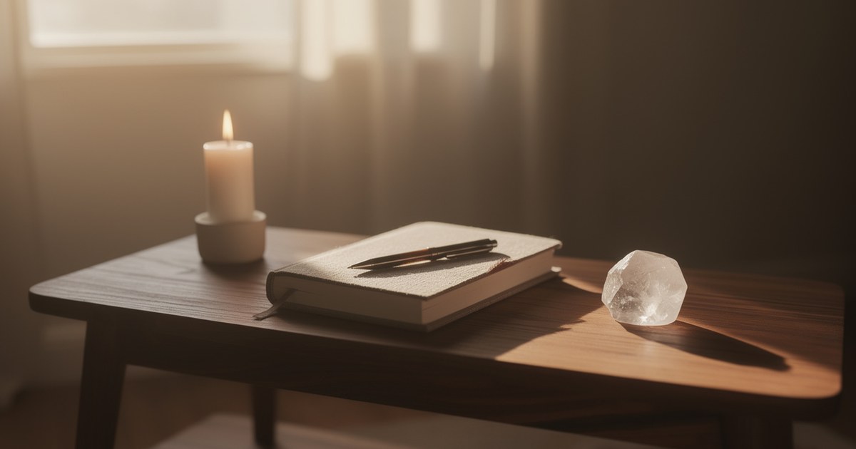 A closed journal with a pen resting on top on a dark wooden side table, beside a lit candle in a holder and a clear quartz crystal, with daylight coming through a curtain.