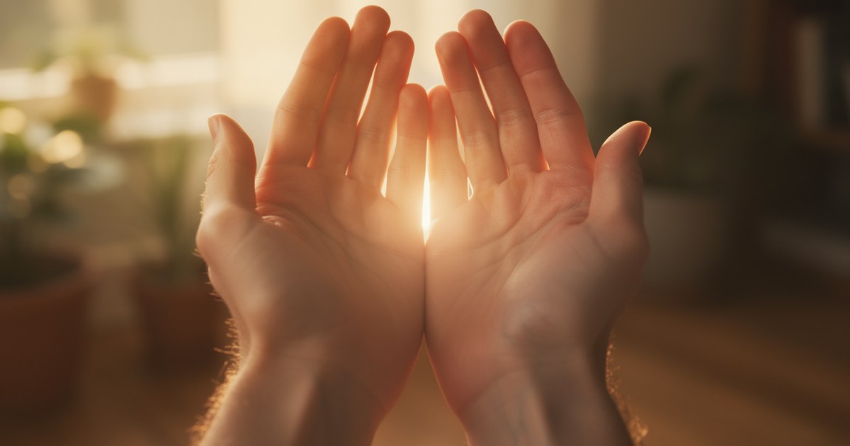 Two hands held up side by side with palms facing forward and fingertips touching, backlit so light glows through the gap between them, with blurred houseplants behind.