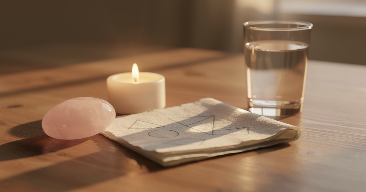 A folded cloth marked with hand-drawn symbols on a wooden table, beside a rose quartz palm stone, a lit tealight candle and a glass of water in sunlight.