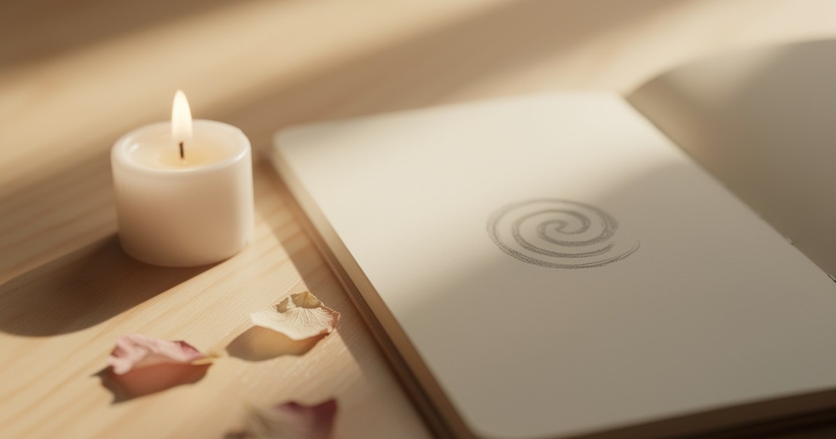 A closed cream notebook embossed with a spiral symbol resting on a pale wooden tray, beside a small lit candle and scattered dried flower petals.