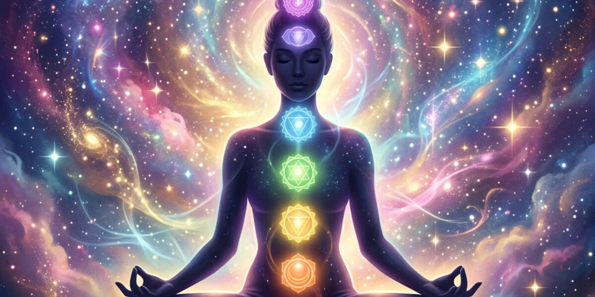A silhouetted figure seated cross-legged in meditation with seven glowing chakra symbols aligned up the center of the body, red at the base through violet at the crown, against a starry cosmic background.