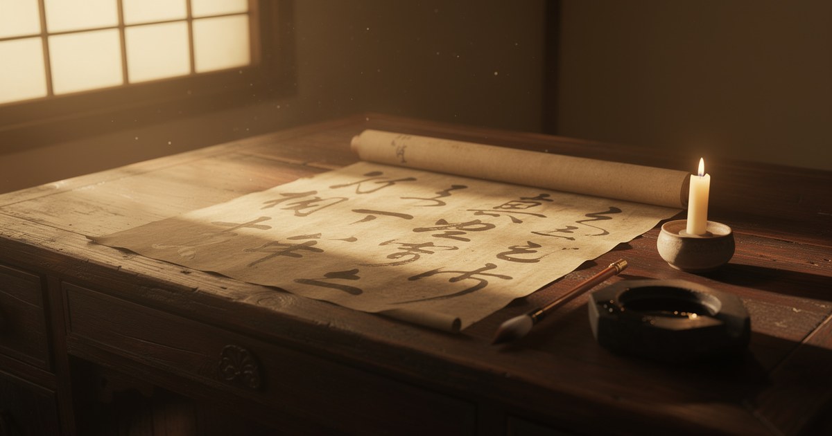 A partly unrolled paper scroll covered in Japanese brush calligraphy on a wooden desk, with a brush and a round ink dish beside it, lit by a single candle in a dim room.