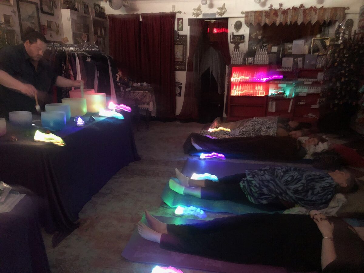 Crystal singing bowl sound bath session in Madison Heights, Michigan