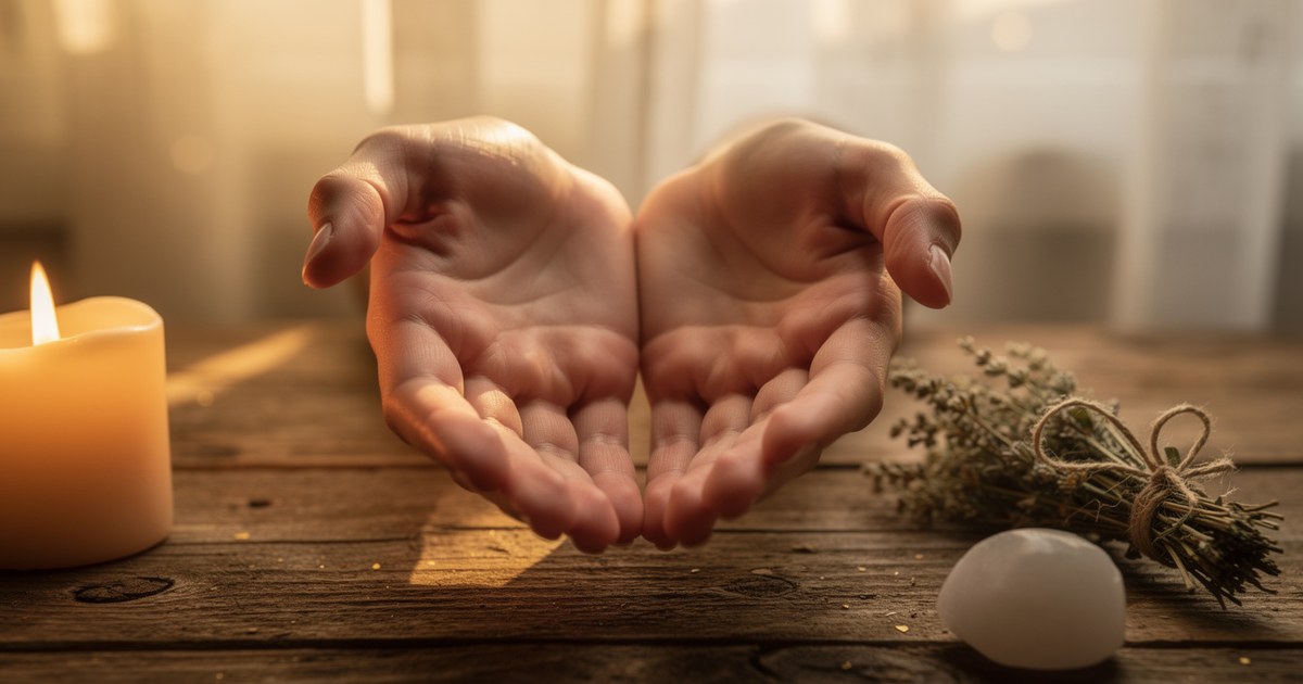 Two open hands held side by side with palms cupped above a weathered wooden table, a lit pillar candle to the left and a tied bundle of dried herbs and a smooth white stone to the right.