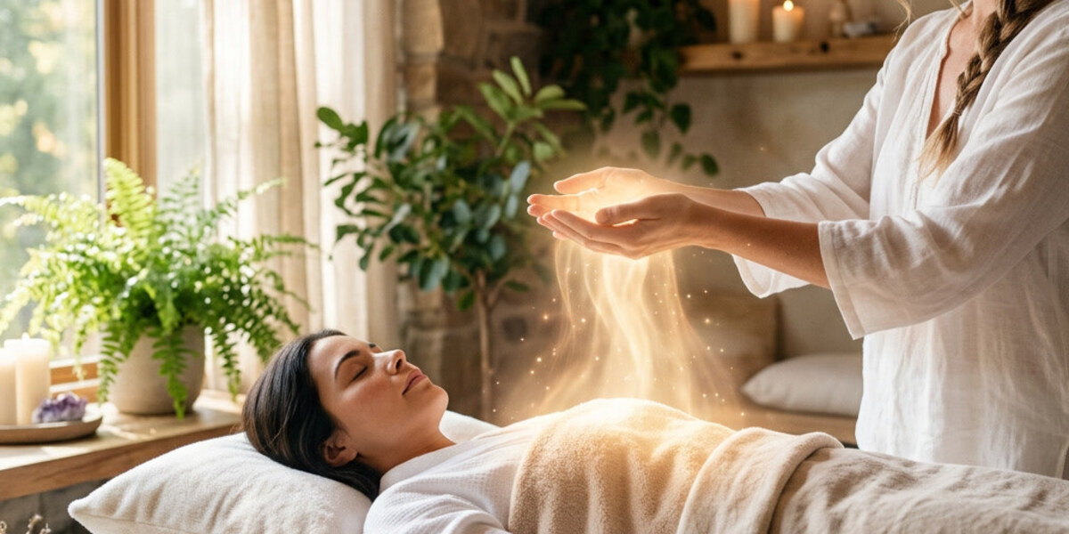 A woman lies on a treatment table with her eyes closed under a cream blanket while a practitioner in white holds both hands above her, golden light between the palms, with houseplants and candles around the room.