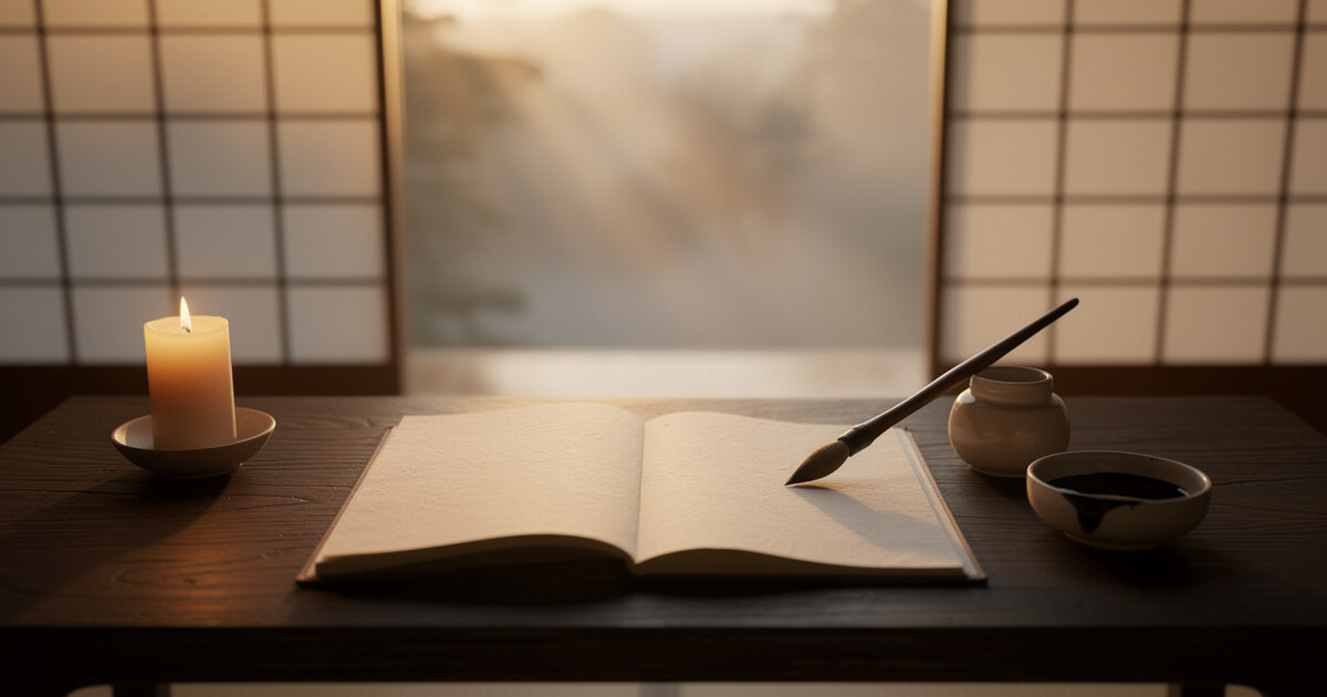 An open blank book on a dark wooden table beside a lit candle, with a calligraphy brush resting across the page, an ink pot and a shallow ink dish, in front of a paper screen window.