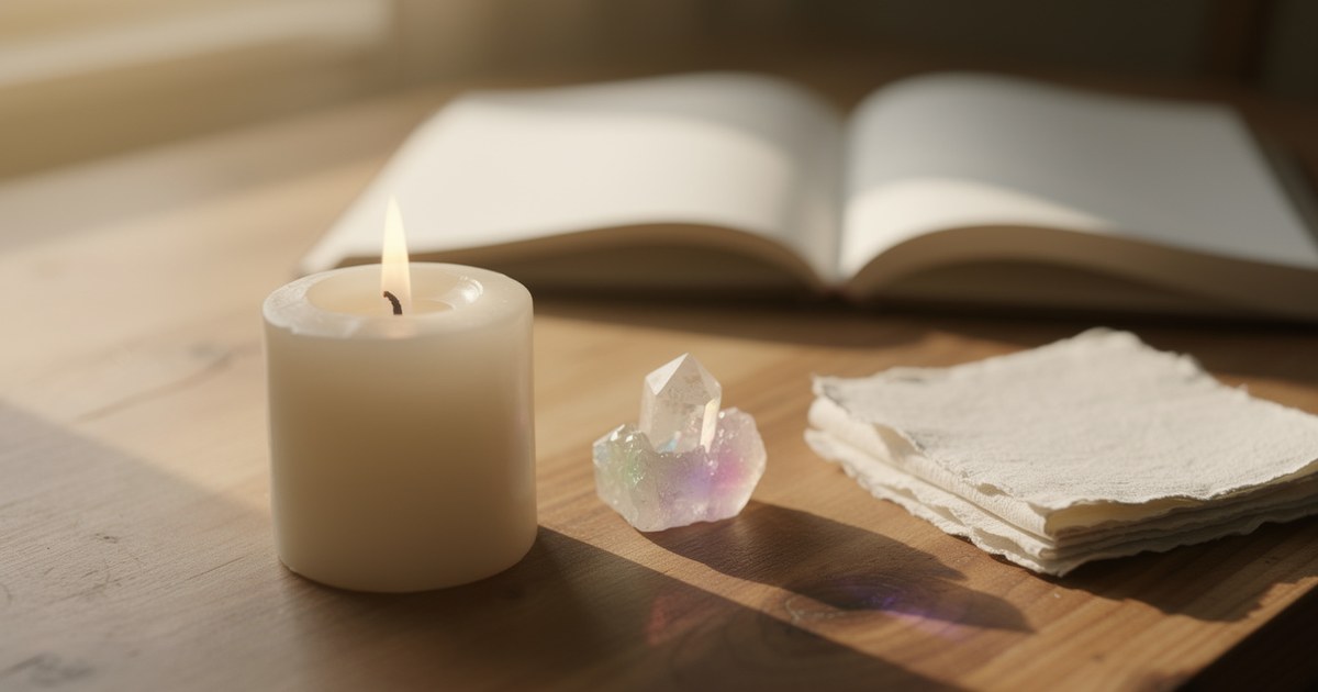 A lit pillar candle on a wooden table beside a small clear and iridescent crystal cluster, with an open book behind it and a stack of handmade paper sheets to the right.