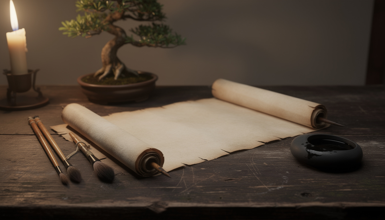 A long blank paper scroll unrolled across a dark wooden table with calligraphy brushes and a round ink dish beside it, a lit candle and a small bonsai tree behind.