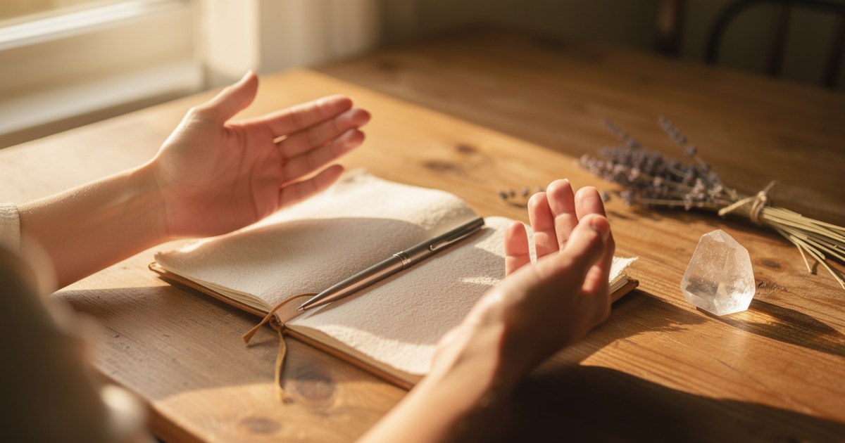 Two hands held open above an open blank notebook with a pen across it on a sunlit wooden table, next to a clear quartz point and a tied bundle of dried lavender.